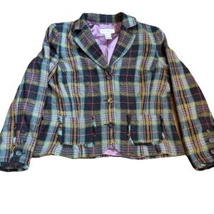 Susan Bristol Wool Blend Plaid Fringe Blazer Jacket Size 14 Pink Aqua Yellow